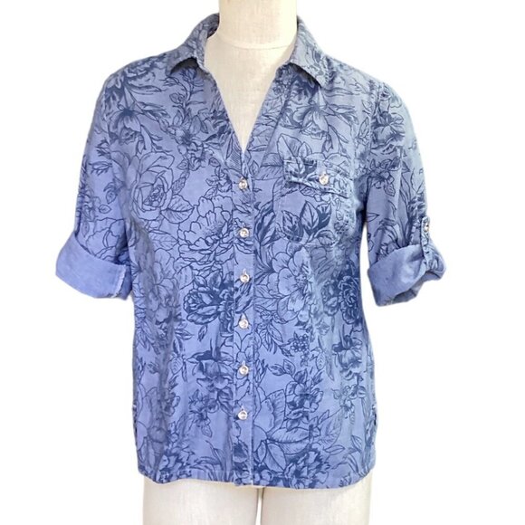 Karen Scott Button-Up Roll Tab Top 100% Cotton Floral Sz S Blue 142C - Picture 1 of 8